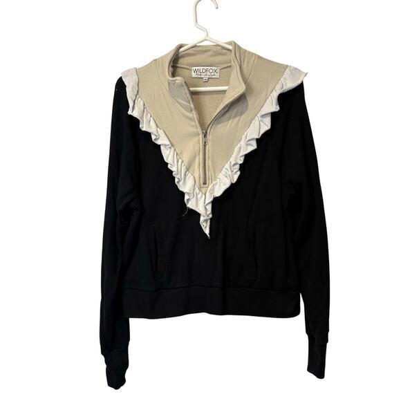 Wildfox Prima Ruffle Warm Up Black White Cream 1/3 Zip Sweatshirt Coquette Small - Picture 1 of 7